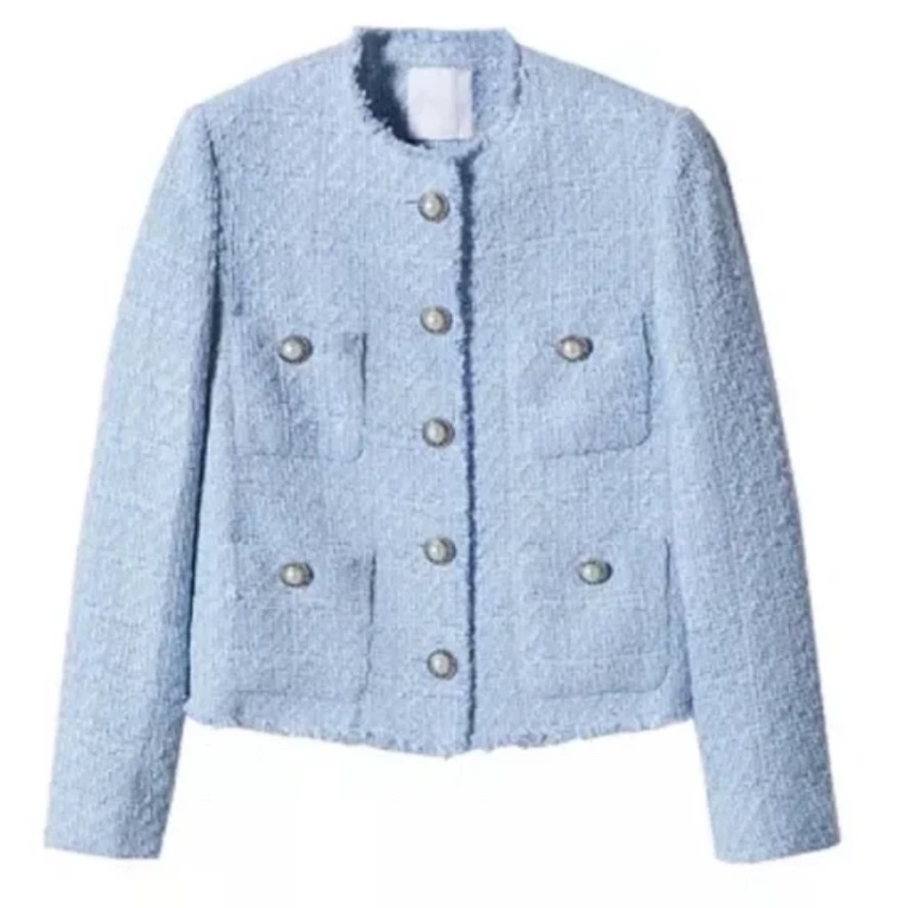 MANGO SKY BLUE TWEED JACKET WITH PEARL BUTTONS SIZE S